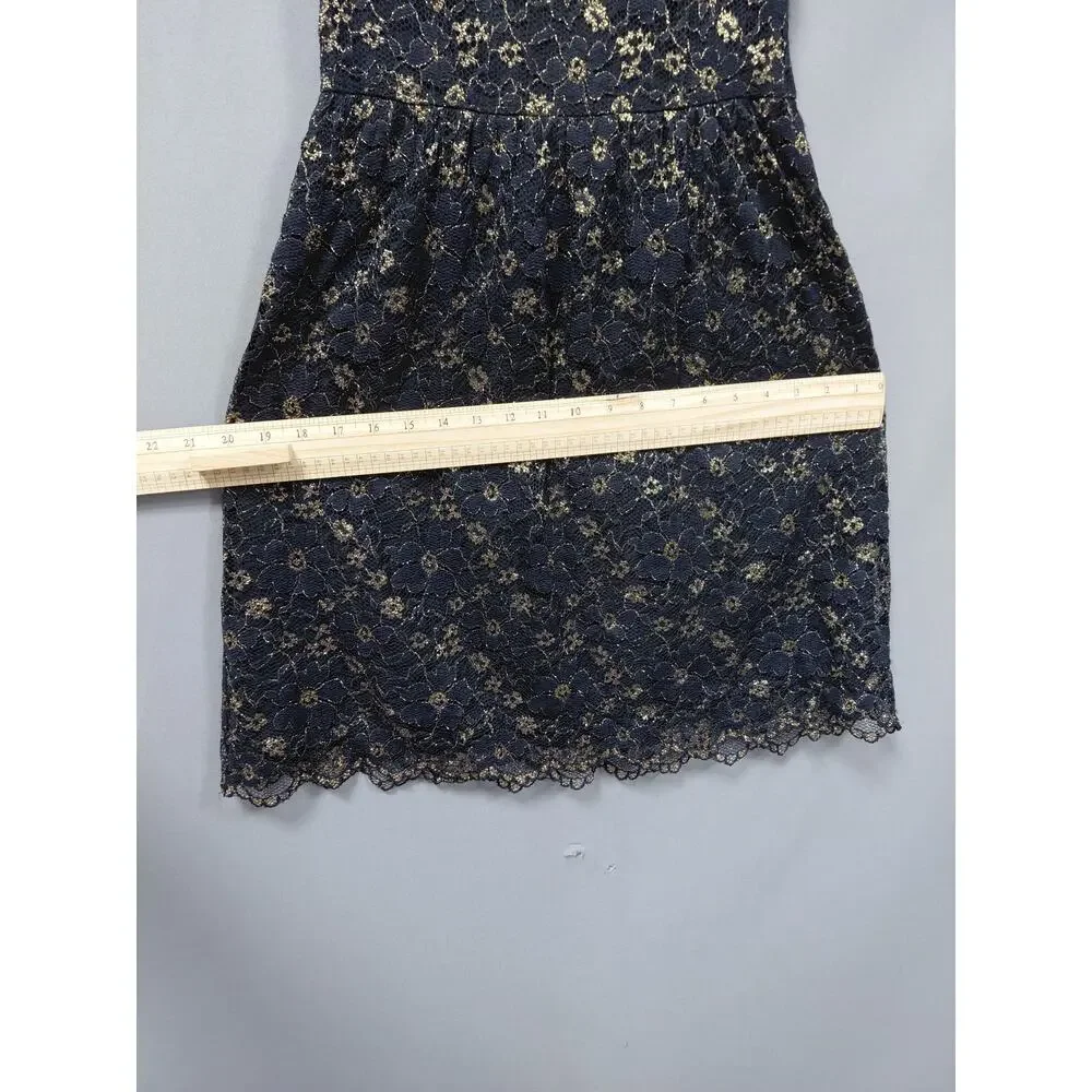 Gianni Bini Black Gold Metallic Floral Lace A-Line Dress Women Size 2